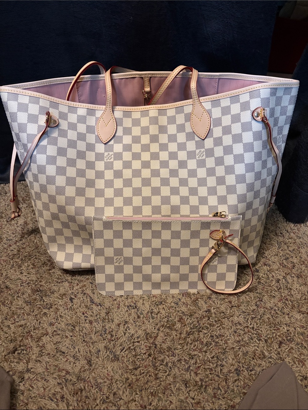 White Checkered Tote Bag with Pink Trim and Pouch designer inspired